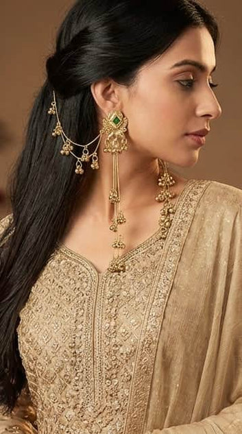 Kashmiri Gold Plated Brass Earrings With Kanchain
