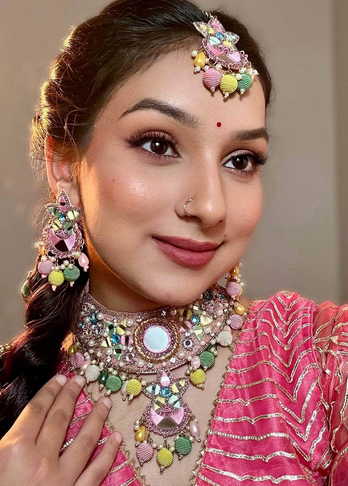 Gulbahar -  Handcrafted Multi Color Haldi Mehndi Bridal Set With Resham, Dabka and Pearls detailing