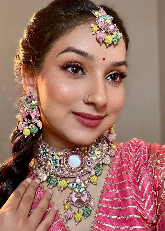 Gulbahar -  Handcrafted Multi Color Haldi Mehndi Bridal Set With Resham, Dabka and Pearls detailing