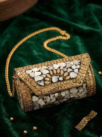 Women Gold Plated Mosaic Work Clutch