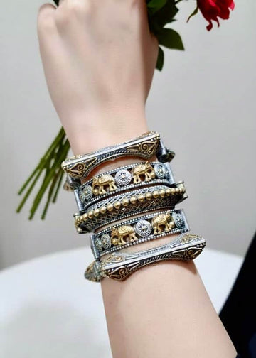 Durga Dual Toned Handcrafted stack - 5 PCS german silver kada set