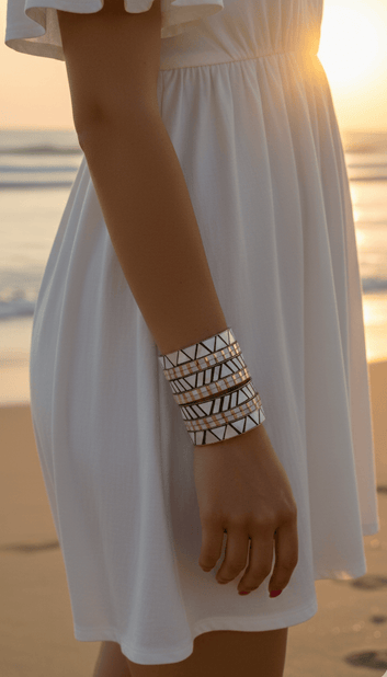 Sofia Handcrafted Ivory Shell Brass Bangles Stack - 10 PCS Set