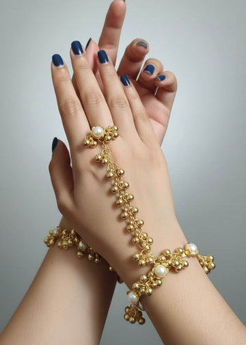 Pearl Studded Lotus Ghungroo Single Line Hathphool – Statement Hand Jewellery