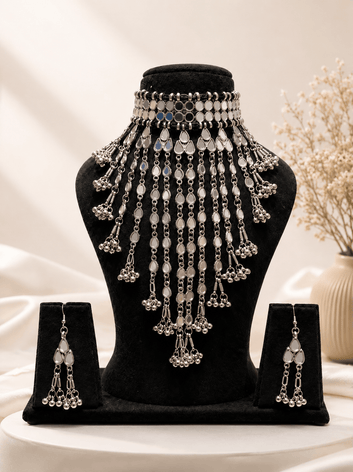 Veronica Oxidised Silver-Plated Mirror Studded Tesselled Chokar Jewellery Set