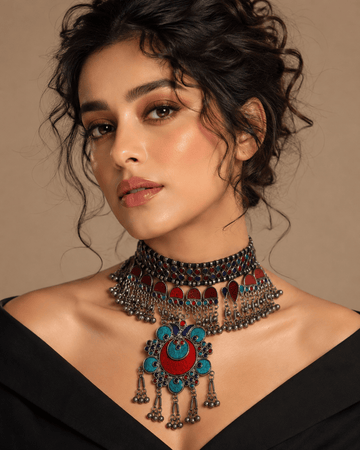 Silver-Toned & Blue Brass Silver-Plated Meenakari Necklace