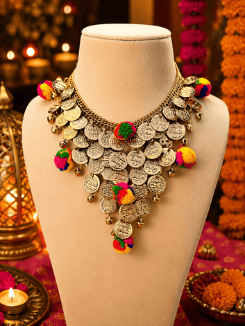 Banno Pompom & Coin Design Oxidised Gold Plated Handcrafted Jewellery Set