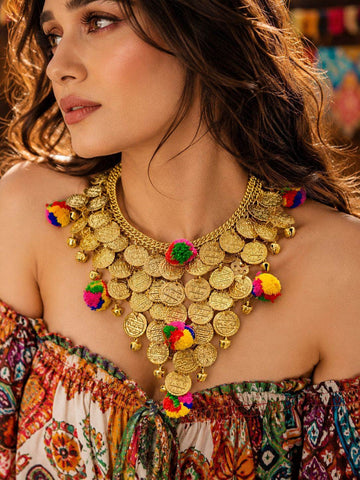 Banno Pompom & Coin Design Oxidised Gold Plated Handcrafted Jewellery Set