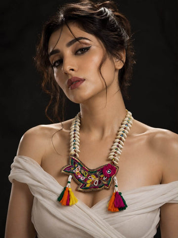 Desi Girl Boho Mirror-Embroidered Shell Fish Shaped Tesseled Hand Crafted Necklace