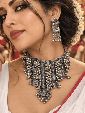Naina Oxidised Silver-Plated Multi Layer Temple Chokar Jewellery Set