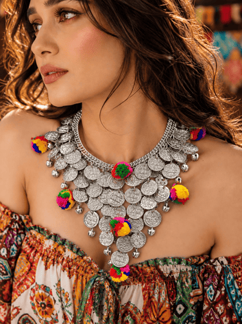 Banno Pompom & Coin Design Oxidised Silver Plated Handcrafted Necklace and Adjustable Ghungroo Bangles 4 Pcs Stack Set