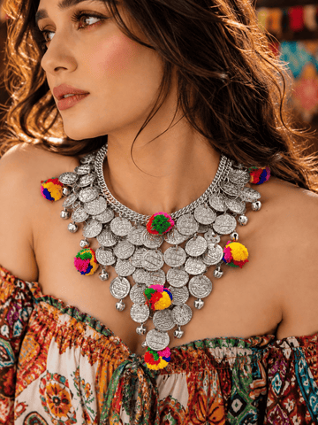 Banno Pompom & Coin Design Oxidised Silver Plated Handcrafted Necklace