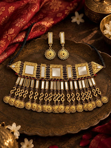 Paro Navratri Special Mirror Studded Handcrafted Oxidised Gold Plated Jewellery Set