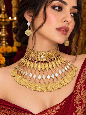 Chandramukhi Navratri Special Mirror Studded Handcrafted Oxidised Gold Plated Jewellery Set