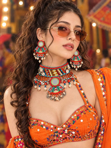 Chail Chabili Handcrafted Mirror & Cowri Studded Beaded Jewellery Set