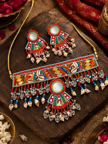 Chail Chabili Handcrafted Mirror & Cowri Studded Beaded Jewellery Set
