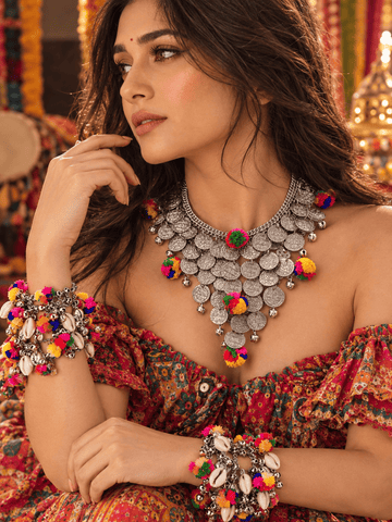 Banno Pompom & Coin Design Oxidised Silver Plated Handcrafted Necklace and Adjustable Ghungroo Bangles 4 Pcs Stack Set