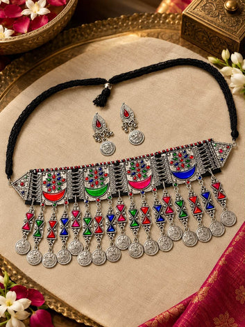 Pakiza Multi Color Meenakari Handcrafted Oxidised Silver Plated Afghan Jewellery Set