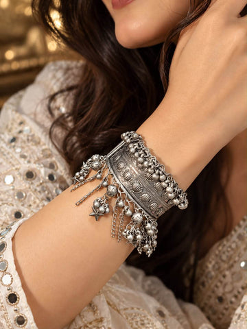 Navratri Special Tasseled Silver-Plated Oxidised Cuff Bracelet