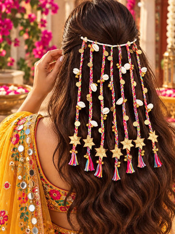 Cowri & Gotapatti Star Studded Braided Ghungroo Women Hair Accessory Set