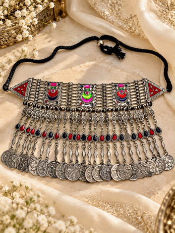 Aishwarya Meenakari Work Tribal Design Oxidised Silver Plated Handcrafted Necklace