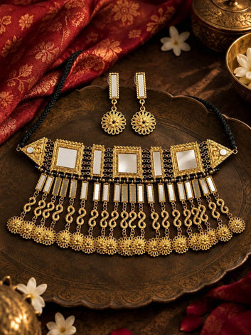 Paro Navratri Special Mirror Studded Handcrafted Oxidised Gold Plated Jewellery Set