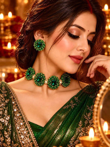 Mogra Noor – Emerald Green Crystal Studded Handcrafted Mogra Beaded Chokar Jewellery Set