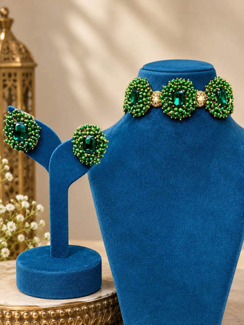 Mogra Noor – Emerald Green Crystal Studded Handcrafted Mogra Beaded Chokar Jewellery Set