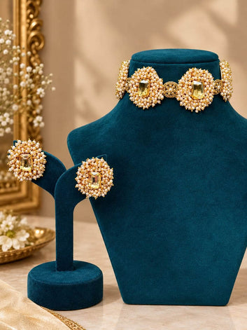 Mogra Noor – Ivory Glow Crystal Studded Handcrafted Mogra Beaded Chokar Jewellery Set
