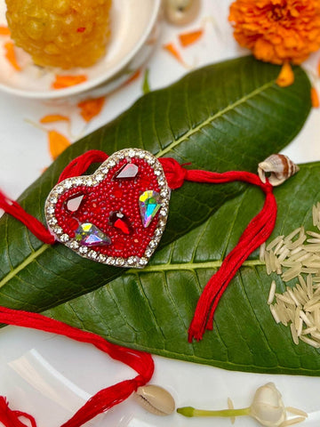 Handcrafted Heart Shaped Stone Studded Rakhi with Roli-Chawal