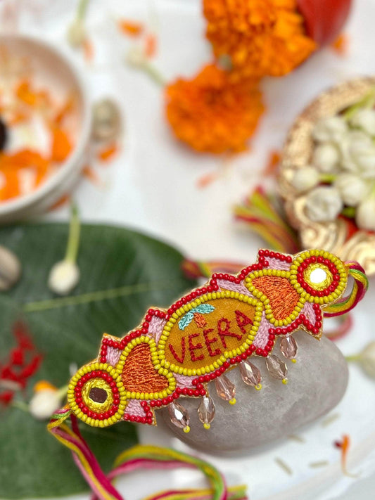 Handcrafted Veera Mirror Studded Rakhi With Roli-Chawal