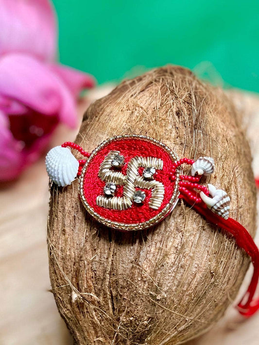 Handcrafted Swastik Zardosi Work Rakhi With Roli-Chawal
