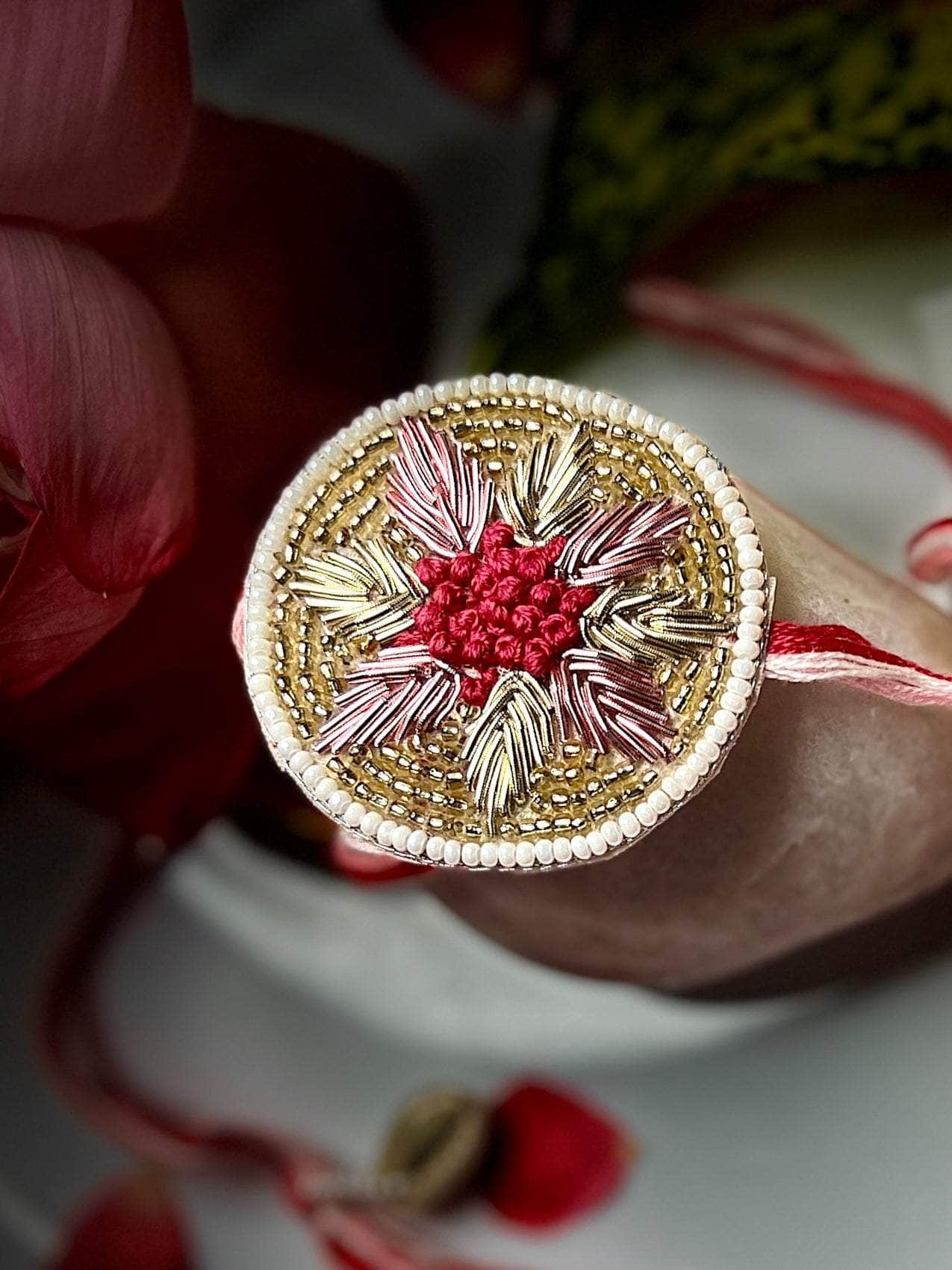 Handcrafted Zardosi Work Rangoli Rakhi With Roli-Chawal