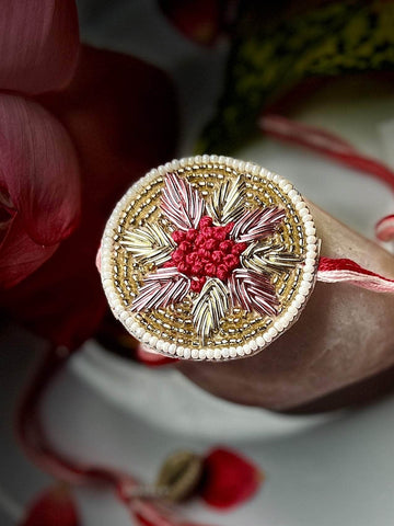 Handcrafted Zardosi Work Rangoli Rakhi With Roli-Chawal