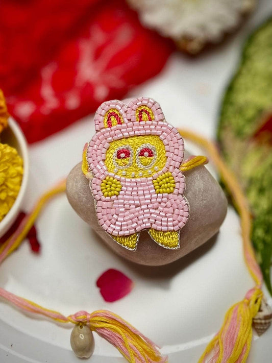 Handcrafted Labubu Pink Color Kids Rakhi With Roli-Chawal