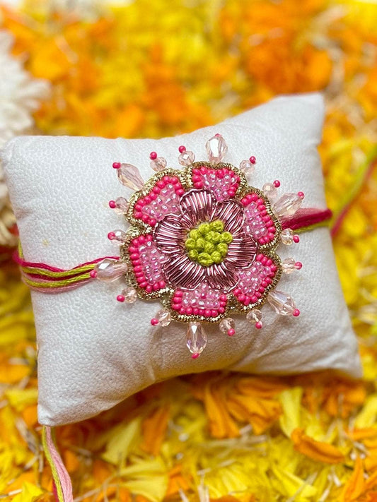 Handcrafted Zardosi Work Floral Rakhi With Roli-Chawal