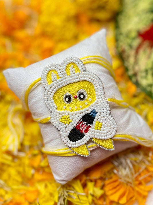 Handcrafted Labubu White Color Kids Rakhi With Roli-Chawal
