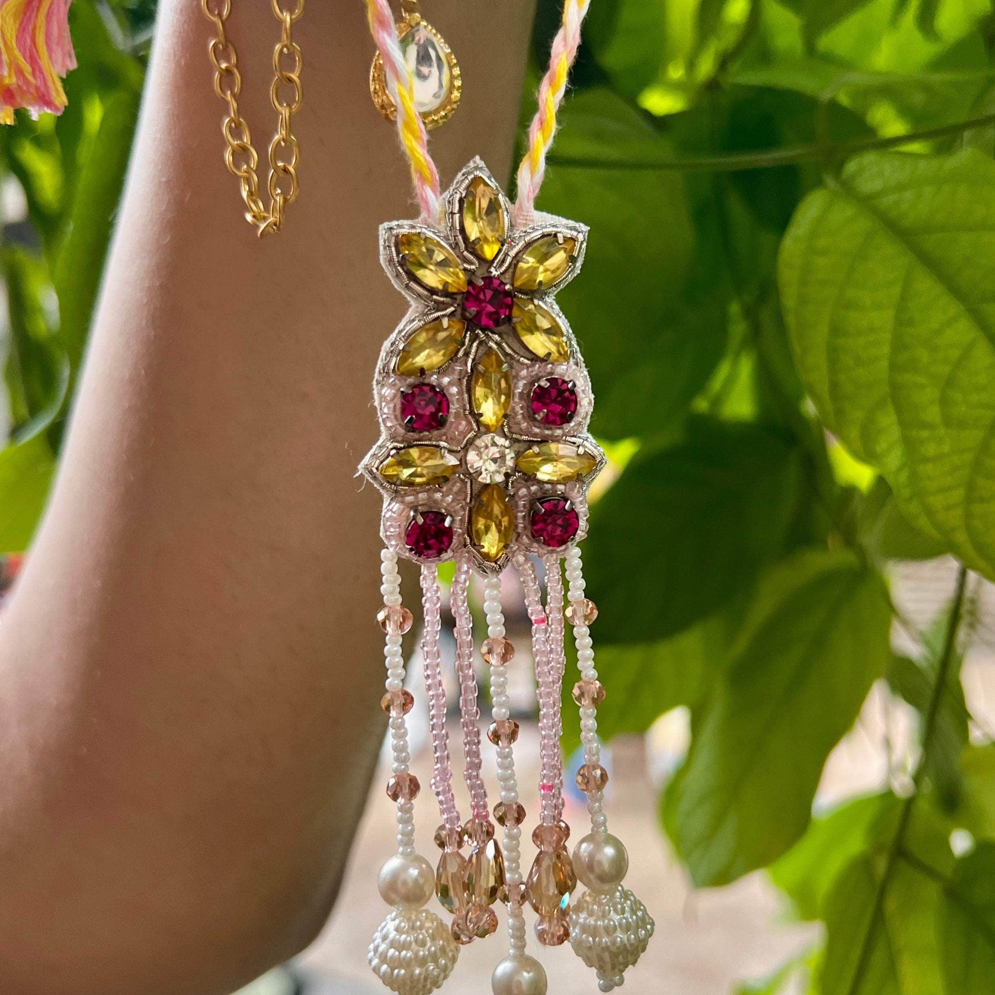Handcrafted Stone Studded Lumba Rakhi With Roli-Chawal