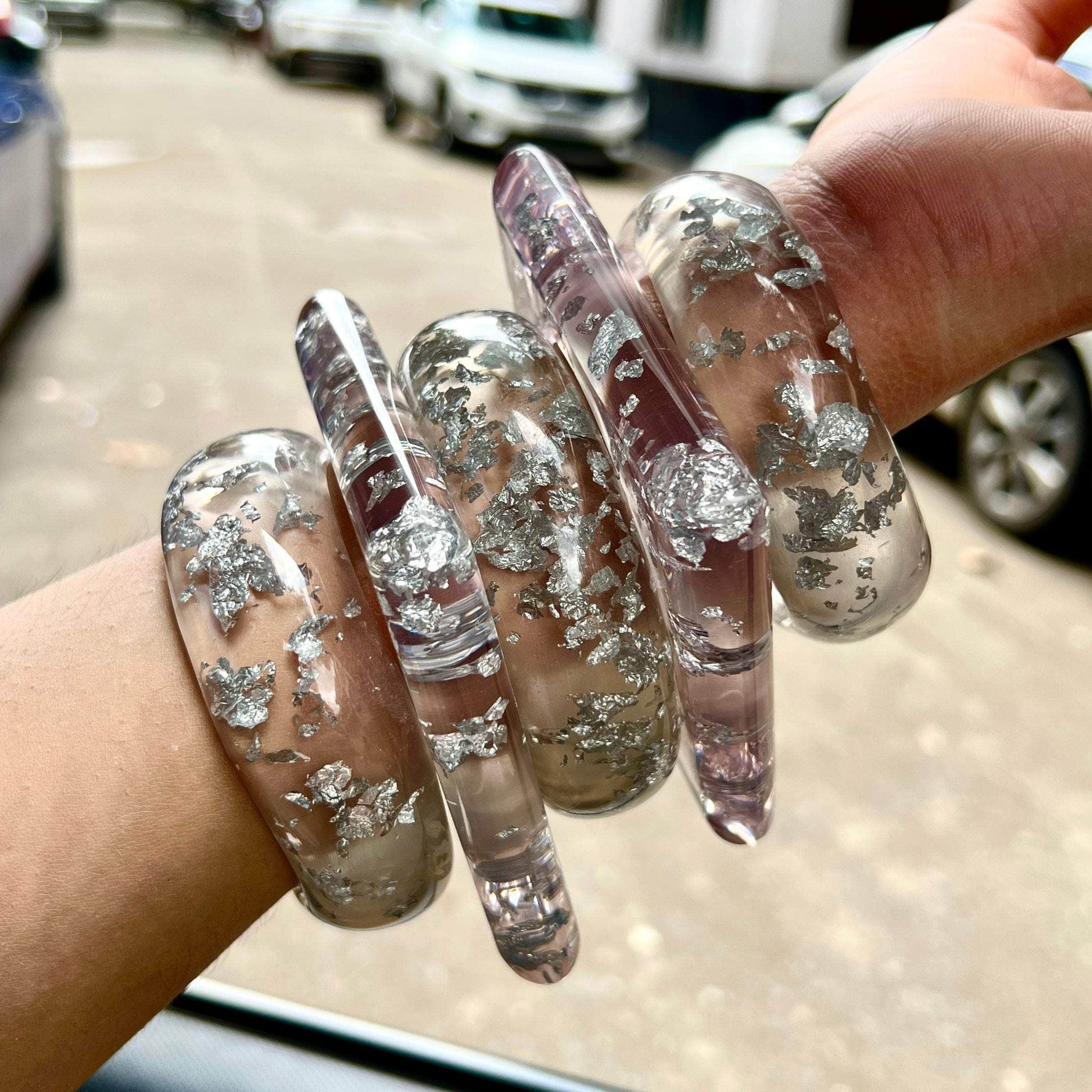 Sofia Handcrafted Transparent Resin Silver Foil Bangles Stack - 5 PCS Set