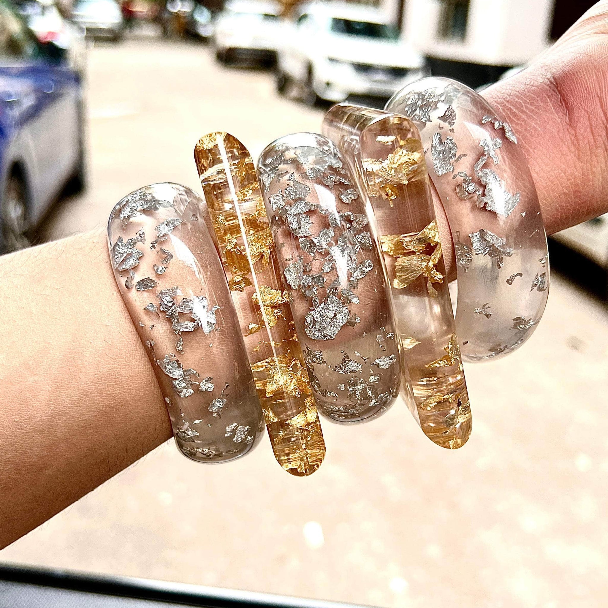 Sofia Handcrafted Transparent Resin Silver/Gold Foil Bangles Stack - 5 PCS Set