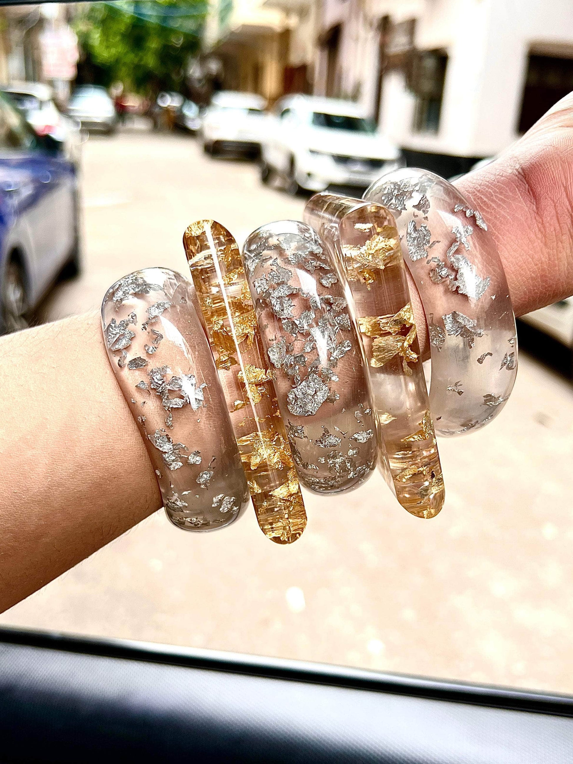 Sofia Handcrafted Transparent Resin Silver/Gold Foil Bangles Stack PCS Set