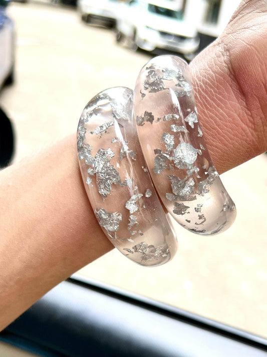 Sofia Handcrafted Resin Transparent Silver Foil Bangles Stack - 2 PCS Set