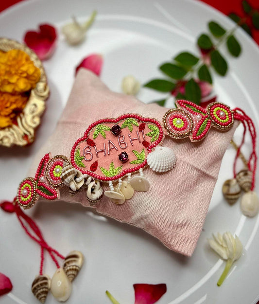 Handcrafted Bhabhi Dabka Work Bracelet Rakhi With Roli-Chawal