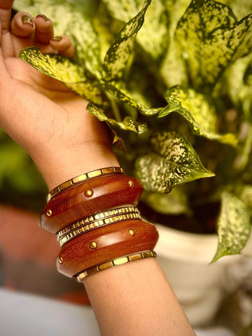 Devi Handcrafted Wooden / Brass Bangles Stack - 6 PCS kada set