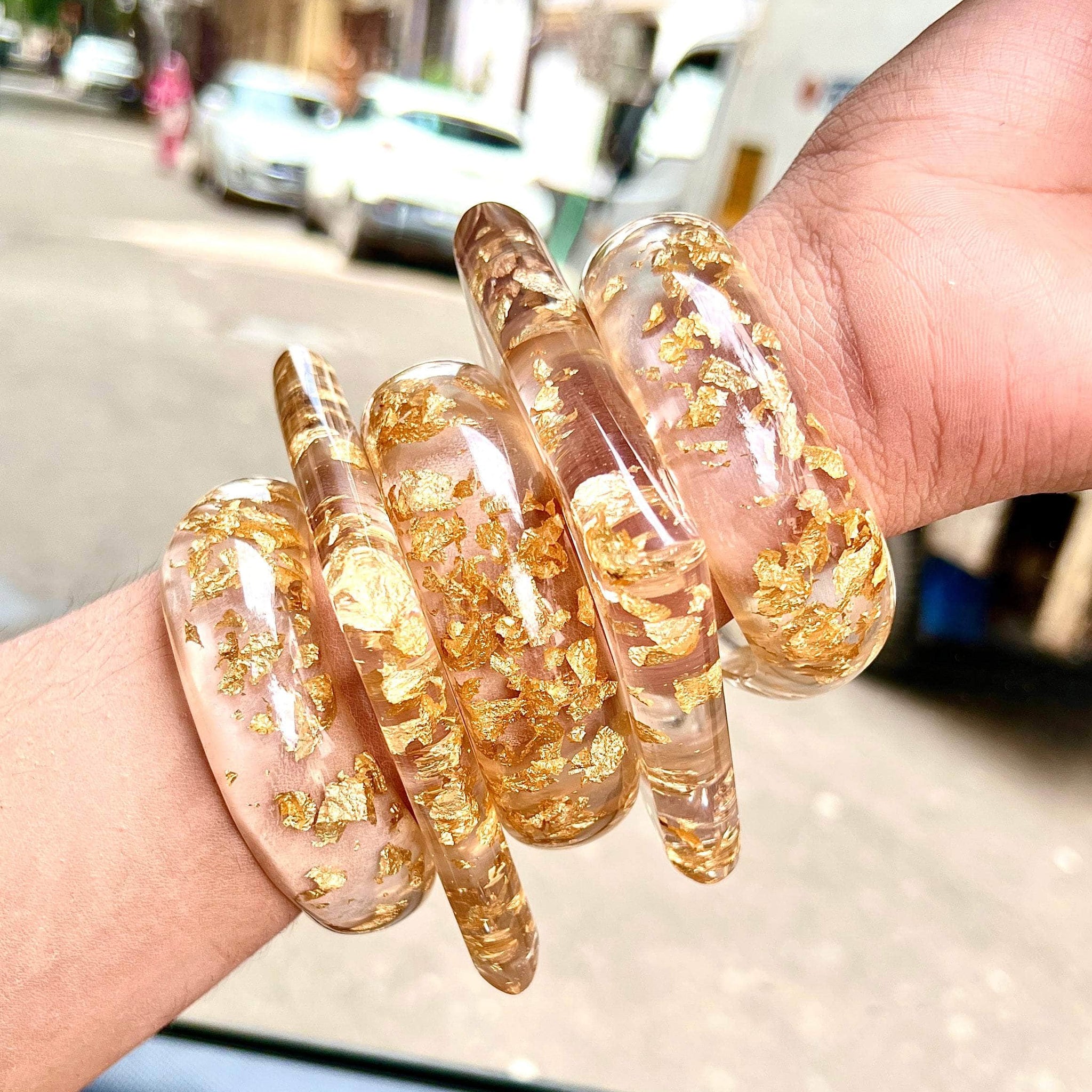 Sofia Handcrafted Transparent Resin Gold Foil Bangles Stack - 5 PCS Set