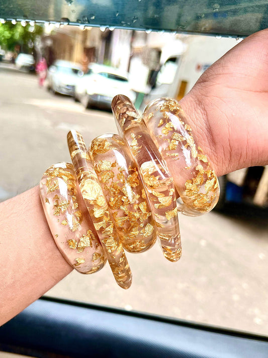 Sofia Handcrafted Transparent Resin Gold Foil Bangles Stack - 5 PCS Set