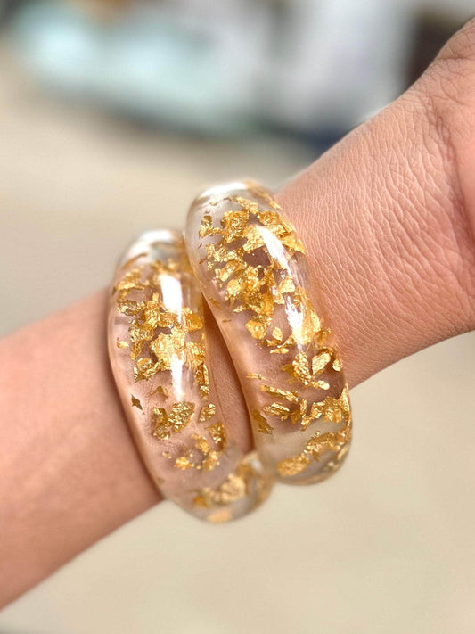 Sofia Handcrafted Resin Transparent Gold Foil Bangles Stack - 2 PCS Set