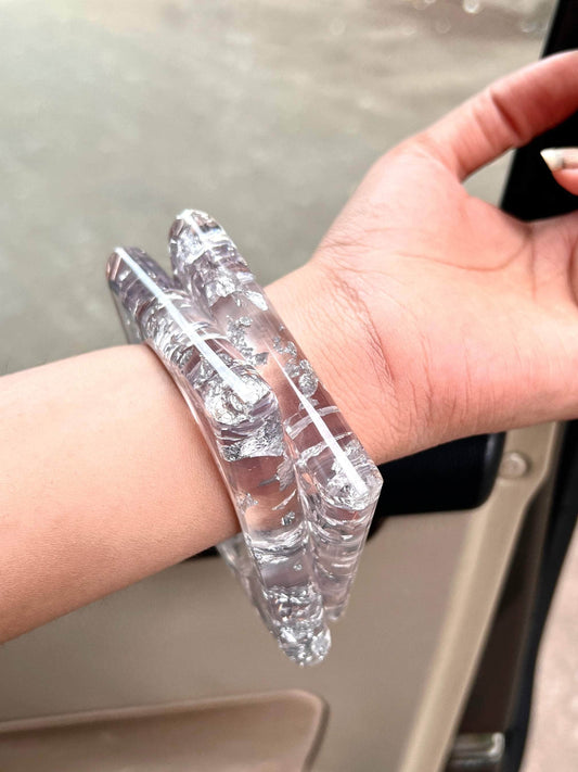 Sofia Handcrafted Resin Transparent Silver Foil Bangles Stack - 2 PCS Set