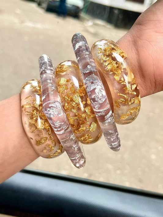 Sofia Handcrafted Transparent Resin Gold/Silver Foil Bangles Stack - 5 PCS Set