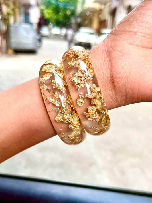Sofia Handcrafted Resin Transparent Gold Foil Bangles Stack - 2 PCS Set