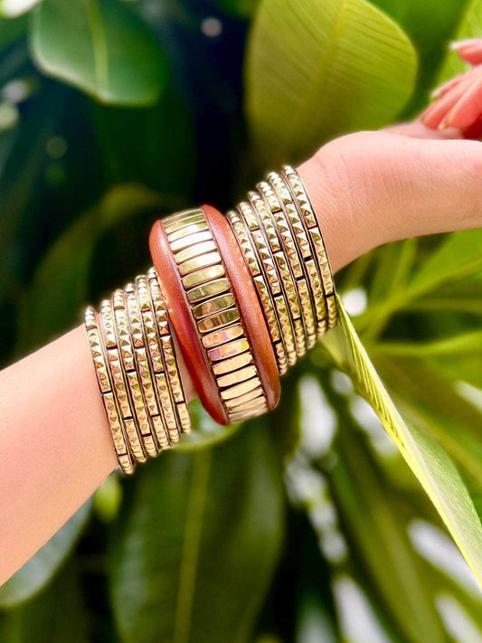 Devi Handcrafted Wooden & Brass Bangles Stack - 13 PCS set